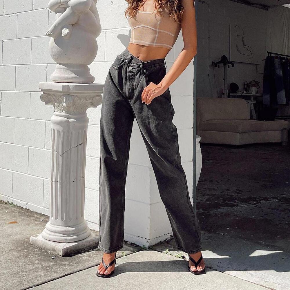 Princess Polly Holly Asymmetric Straight Leg Jean Black Denim high waisted mom
